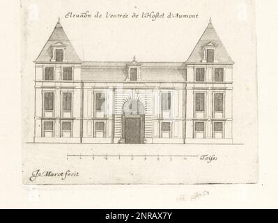 Élévation de l'entrée de l'Hôtel d'Aumont, grande maison ou hôtel particulier au 7, rue de Jouy, Paris. Construit par Louis le Vau et rénové par François Mansart, Michel Villedo et paysagiste André le notre pour les ducs d'Aumont. Élévation de l'entrée de l'Hôtel d'Aumont. Gravure en copperplate tirée et gravée par Jean Marot de son Recueil des plans, Profils et élévations de plusieurs Palais, Châteaux, Églises, Sépultures, Grottes et Hôtels, Collection de plans, profils et élévations de Palais, Châteaux, Églises, tombes, Grottes et Hôtels, chez Mariette, Paris, 1655. Banque D'Images