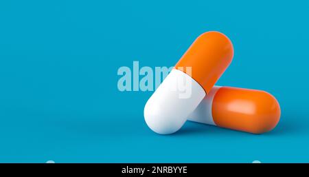 Capsules médicales de couleur orange et blanche sur fond bleu. Concept de santé et de médecine. 3D rendu. Banque D'Images