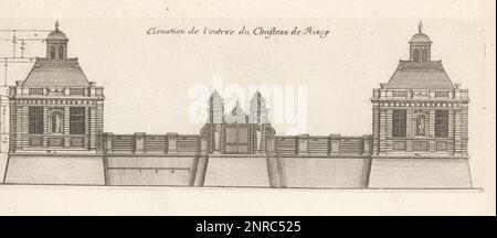 Élévation de l'entrée du Château du Raincy, conçu par Louis le Vau, construit entre 1643 et 1650 pour Jacques Bordier, intendant des finances. Élévation de l'entrée du Chasteau de Rincy. Gravure de coperplate dessinée et gravée par Jean Marot de son Recueil des plans, Profils et élévations de plusieurs Palais, Châteaux, Églises, Septures, Grotes et Hôtels, Collection de plans, profils et élévations de palais, châteaux, églises, tombes, grottes et hôtels, chez Mariette, Paris, 1655. Banque D'Images