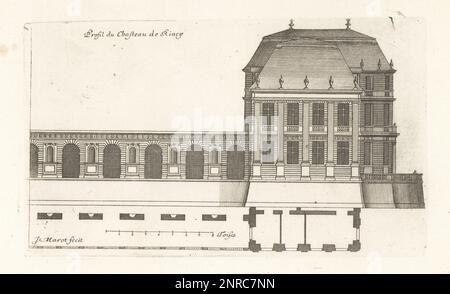 Profil du Château du Raincy, conçu par l'architecte français Louis le Vau, construit entre 1643 et 1650 pour Jacques Bordier, intendant des finances. Profil du Chasteau de Rincy. Gravure de coperplate dessinée et gravée par Jean Marot de son Recueil des plans, Profils et élévations de plusieurs Palais, Châteaux, Églises, Septures, Grotes et Hôtels, Collection de plans, profils et élévations de palais, châteaux, églises, tombes, grottes et hôtels, chez Mariette, Paris, 1655. Banque D'Images