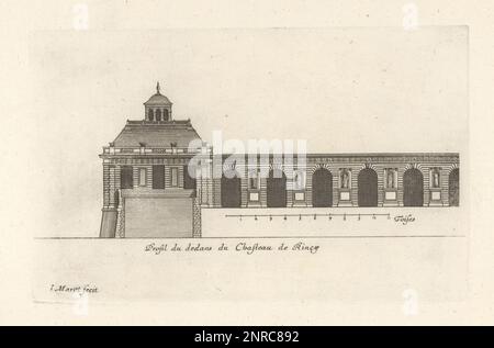 Profil de l'intérieur du Château du Raincy, conçu par Louis le Vau et construit entre 1643 et 1650 pour Jacques Bordier, intendant des finances. Profil du dans du Chasteau de Rincy. Gravure de coperplate dessinée et gravée par Jean Marot de son Recueil des plans, Profils et élévations de plusieurs Palais, Châteaux, Églises, Septures, Grotes et Hôtels, Collection de plans, profils et élévations de palais, châteaux, églises, tombes, grottes et hôtels, chez Mariette, Paris, 1655. Banque D'Images