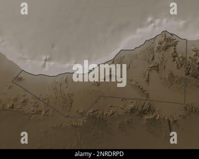 Sahil, région de Somalie. Carte d'altitude colorée en tons sépia avec lacs et rivières Banque D'Images