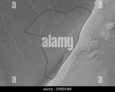 Mudug, région de la Somalie continentale. Carte d'altitude en niveaux de gris avec lacs et rivières Banque D'Images