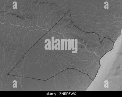 Nugaal, région de la Somalie continentale. Carte d'altitude en niveaux de gris avec lacs et rivières Banque D'Images