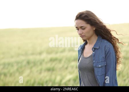 Triste femme marchant seule dans un champ de blé Banque D'Images