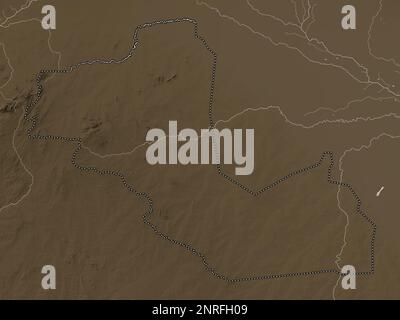Bahr-el-Ghazal occidental, État du Soudan du Sud. Carte d'altitude colorée en tons sépia avec lacs et rivières Banque D'Images