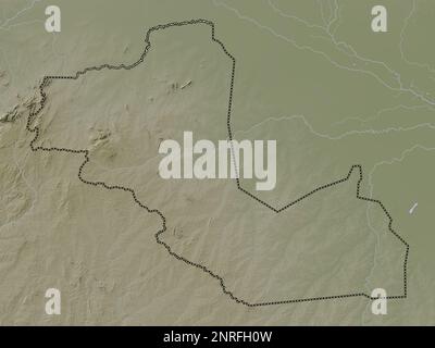 Bahr-el-Ghazal occidental, État du Soudan du Sud. Carte d'altitude colorée en style wiki avec lacs et rivières Banque D'Images