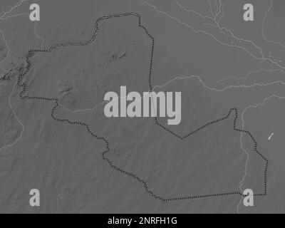 Bahr-el-Ghazal occidental, État du Soudan du Sud. Carte d'altitude en niveaux de gris avec lacs et rivières Banque D'Images