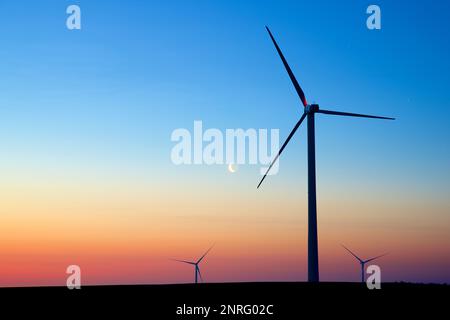 Silhouettes d'un groupe d'éoliennes au lever du soleil. Banque D'Images