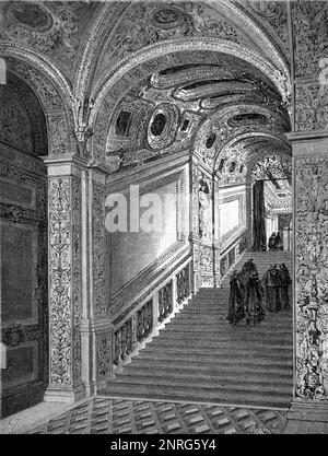 Escalier monumental ou escalier principal à l'intérieur du Palais des Doges, ou Palais des Doges (1340), maintenant un musée d'Art, Venise, Italie. Gravure ancienne ou illustration 1862 Banque D'Images