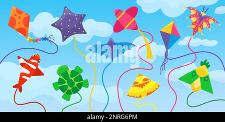 Cerfs-volants dans les nuages, cerf-volant en papier origami dans le ciel bleu. Le festival Makar sankranti. Enfants d'été en plein air drôle de jeu, vecteur de liberté néotérique Illustration de Vecteur