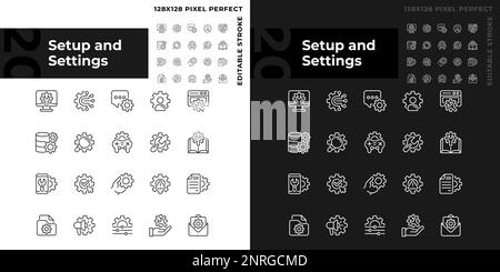 Configuration et paramètres pixels Perfect icônes linéaires définies pour le mode sombre et clair Illustration de Vecteur