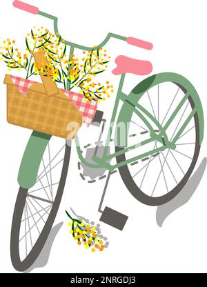 Panier de fleurs mimosa bouquet sur vélo dessin sur un fond transparent de style plat Illustration de Vecteur