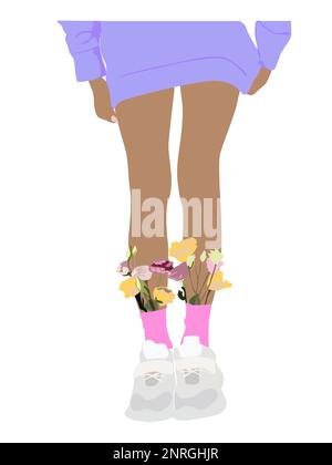 Filles jambes portant des sneakers avec fleurs de pavot. Illustration de Vecteur