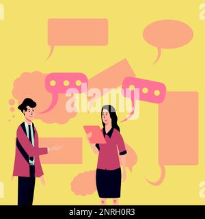 Homme et femme discutant des nouvelles actuelles. Deux bulles de dialogue blanches sur la tête. Illustration de couleur vive avec message principal. Personnes au bureau Illustration de Vecteur