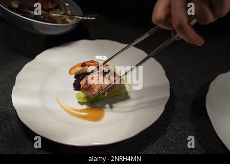 Chef cuisinier mettant une pièce de viande grillée à l'aide d'une pince à épiler sur une assiette blanche de purée de légumes verts avec sauce. Préparation de repas sains, cuisine ou petit bus Banque D'Images