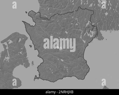 Skane, comté de Suède. Carte d'altitude à deux niveaux avec lacs et rivières Banque D'Images