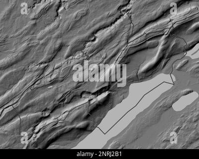 Neuchâtel, canton de Suisse. Carte d'altitude en niveaux de gris avec lacs et rivières Banque D'Images