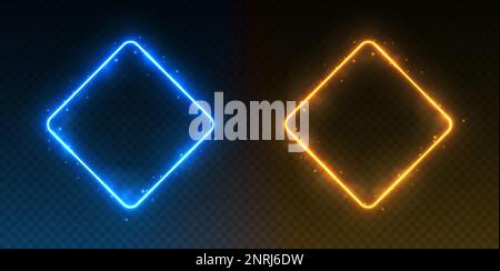 Cadres de rhombus au néon, bordures rectangulaires rayonnantes avec fumée et étincelles, glace et portails de feu concept Illustration de Vecteur