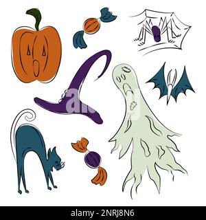 Collection d'éléments, d'objets, d'articles classiques pour Halloween. Ensemble de symboles effrayants pour les vacances d'automne. Imprimé froid pour les autocollants, les vêtements pour enfants, le personnel Illustration de Vecteur