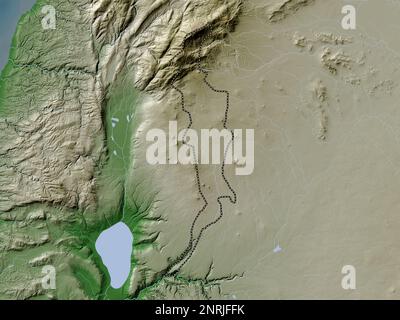 Quneitra, province de Syrie. Carte d'altitude colorée en style wiki avec lacs et rivières Banque D'Images
