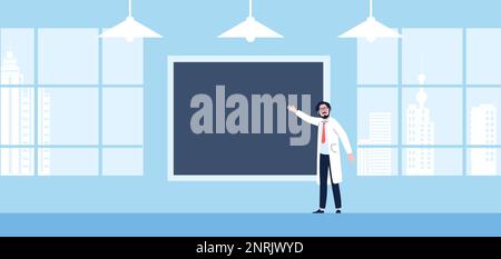 Médecin en classe au tableau blanc vide. Faculté de médecine Université ou école chargée de cours, professeur travaillant. Éducation, médecine vecteur scène Illustration de Vecteur