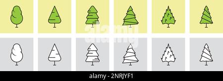 Un ensemble d'illustrations d'une icône vectorielle minimale d'arbres. Ensemble d'icônes d'arbre linéaire. Symbole forêt, parc et jardin. Illustration de Vecteur