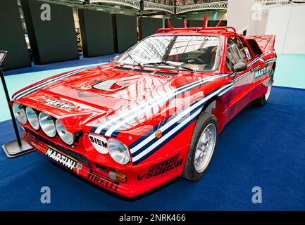 Vue des trois quarts avant d'un 1982-83, Lancia 037 Evo 2, exposé au London Classic car Show 2023 Banque D'Images