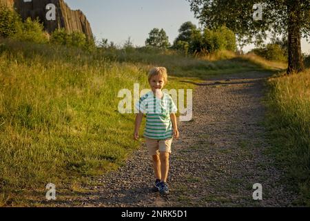 Enfants, enfants, escalade sur des structures polygonales de colonnes de basalte, monument naturel Panska skala près de Kamenicky Senov, République Tchèque. Banque D'Images