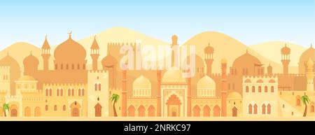 Vue sur la ville arabe. Vieux château islamique panorama urbain, ville musulmane oman maroc marrakech villes saoudiennes fond, ancienne mosquée maisons silhouette, illustration vectorielle soignée de la vieille ville islamique Illustration de Vecteur