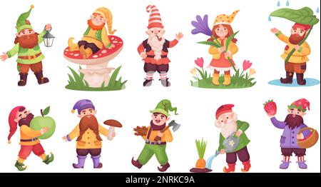 Nains magiques. Dessin animé petits gnomes, conte de fées orf jardin gnome avec maison décoration lanterne champignon pomme, drôle petits elfes amis, illustration de vecteur ingénieux de personnage gnome Illustration de Vecteur