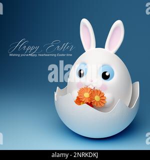 3D bannière joyeuses Pâques avec un petit lapin blanc kawaii avec de grands yeux bleus Banque D'Images