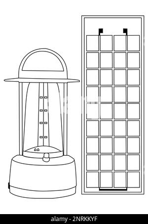 Un dessin au trait d'une lanterne à énergie solaire montre un dôme avec des lumières LED, une base cylindrique avec un bouton d'alimentation et une poignée pour un transport facile. Banque D'Images