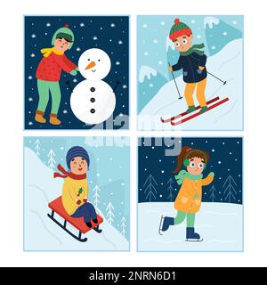 Activités d'hiver avec de jolis enfants faisant bonhomme de neige, ski, glisse sur un traîneau et patinage sur glace Illustration de Vecteur