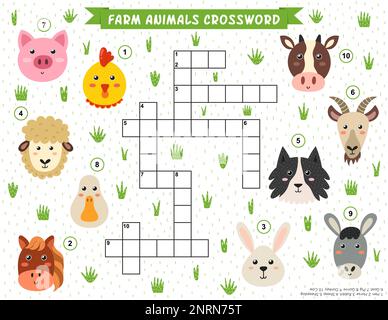 Casse-tête mots croisés animaux de ferme pour les enfants. Jeu éducatif avec des personnages de ferme mignons Illustration de Vecteur