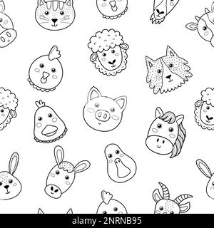 Adorable animaux de ferme noir et blanc sans couture motif. Page de coloriage Illustration de Vecteur