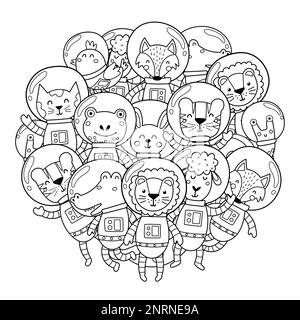 Motif de forme circulaire pour animaux d'espace pour livre de coloriage. Animaux mignons astronautes Illustration de Vecteur