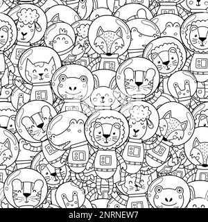 Animaux mignons astronautes dans l'espace sans coutures. Page de coloriage noir et blanc cosmique Illustration de Vecteur