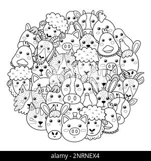 Animaux de ferme forme de cercle motif pour livre de coloriage. Page de coloriage des personnages de ferme mignons Illustration de Vecteur