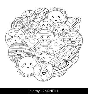 Motif en forme de cercle de jolies planètes. Page de coloriage des planètes du système solaire Illustration de Vecteur