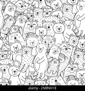 Motif ours mignon sans couture pour livre de coloriage. Page de coloriage des animaux de la forêt en noir et blanc Illustration de Vecteur