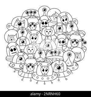 Motif de forme de cercle Doodle extraterrestres. Espace imprimé noir et blanc pour livre de coloriage Illustration de Vecteur