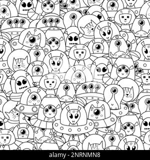 Motif Doodle extraterrestres sans coutures. Page de coloriage noir et blanc Illustration de Vecteur