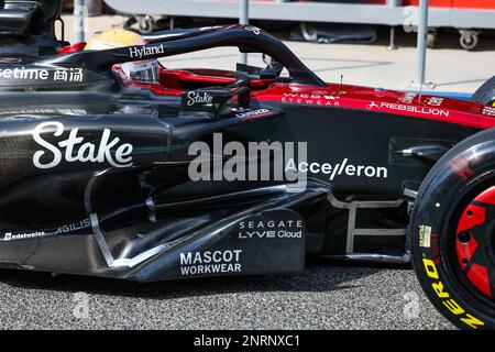 Alfa Romeo F1 Team Stake C43, détail mécanique du sol, du flanc et de la couverture moteur pendant la Formule 1 Aramco pré-saison tests 2023 du Championnat du monde de Formule 1 2023 de la FIA de 23 février à 25, 2023 sur le circuit international de Bahreïn, à Sakhir, Bahreïn - photo : FLORENT GOODEN / DPPI Media / LiveMedia Banque D'Images