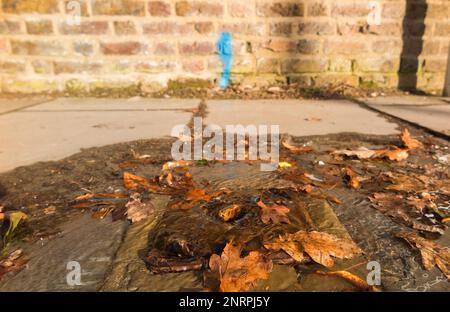 Fuite d'eau provenant d'une couverture métallique dans la chaussée, plus petite qu'une couverture de trou d'homme, qui abrite probablement une vanne d'arrêt. ROYAUME-UNI (133) Banque D'Images