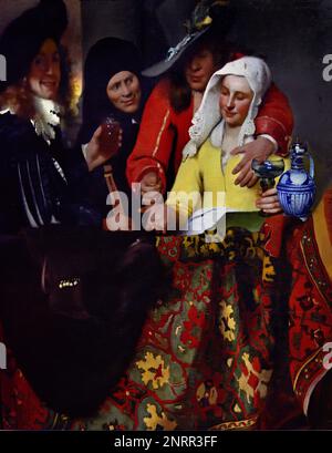 La Procuress 1656 par Johannes Vermeer ou Jan Vermeer 1632 - 1675, Delft, pays-Bas, néerlandais, Hollande, (Peintre hollandais à l'âge d'or, un des plus grands peintres, 17th siècle. des moments intemporels et subdulés préférés, des couleurs énigmatiques et inimitables, ainsi qu'un contenu de lumière déconcertant) Banque D'Images