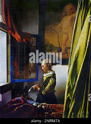 Fille lisant une lettre dans une fenêtre ouverte 1657-1668 par Johannes Vermeer ou Jan Vermeer 1632 - 1675, Delft, pays-Bas, néerlandais, Hollande, (Peintre hollandais à l'âge d'or, un des plus grands peintres, 17th siècle. des moments intemporels et subdulés préférés, des couleurs énigmatiques et inimitables, ainsi qu'un contenu de lumière déconcertant) Banque D'Images