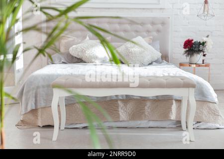 Luxueuse chambre de style éclectique classique aux couleurs vives avec lit king-size et table de chevet, plantes vertes et miroir. Un manteau léger et des oreillers sont créés Banque D'Images