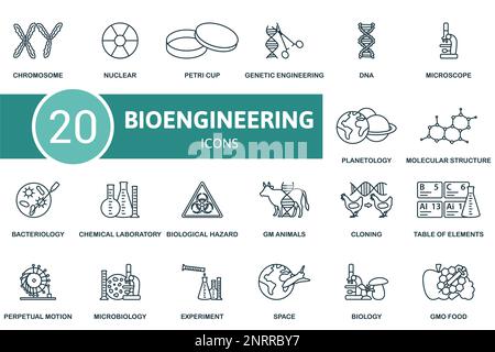 Ensemble de contours d'icône de bioingénierie. Collection d'icônes Line Bioengineering. Chromosome, nucléaire, boîte de Petri, génie génétique, ADN, Microbiologie Illustration de Vecteur