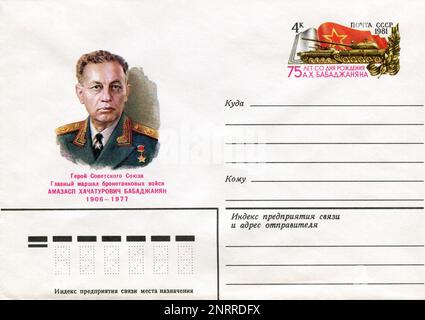 URSS - vers 1981: Une enveloppe postale de la première journée de l'URSS avec des timbres. Hamazasp Khachaturi Babadzhanian (arménien: Համազասպ Խաչատուրի Բաբաջանյան; russe: Амазасп Хачатурович Бабаджанян, Amazasp Khachaturovich Babadzhanyan; 18 février 1906 – 1 novembre 1977) était un chef-maréchal arménien soviétique des troupes blindées. Banque D'Images